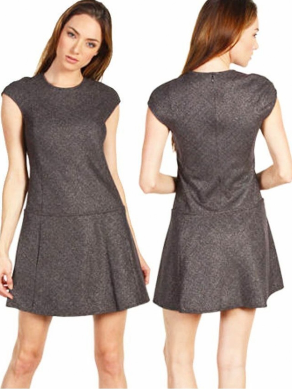 Theory Wool grey Tweed Cap-Sleeve metallic drop waist Mini Dress women’s size 8